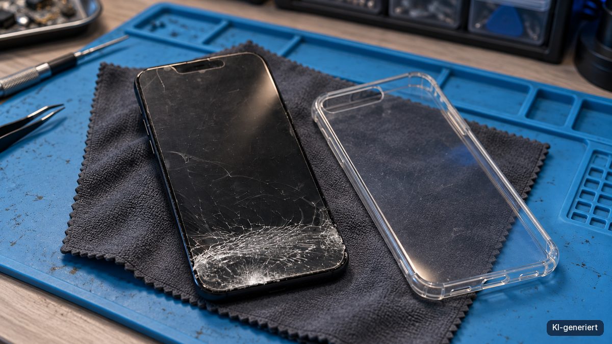 Smartphone mit gebrochenem Display neben einer transparenten Schutzhülle